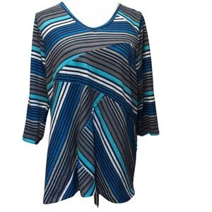 Blue Grey Multi Directional Striped V-Neck 3/4 Sleeve Knit Tunic Top